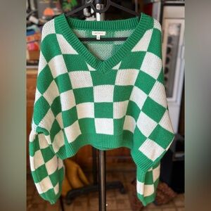Green and White Checkered V-Neck Sweater